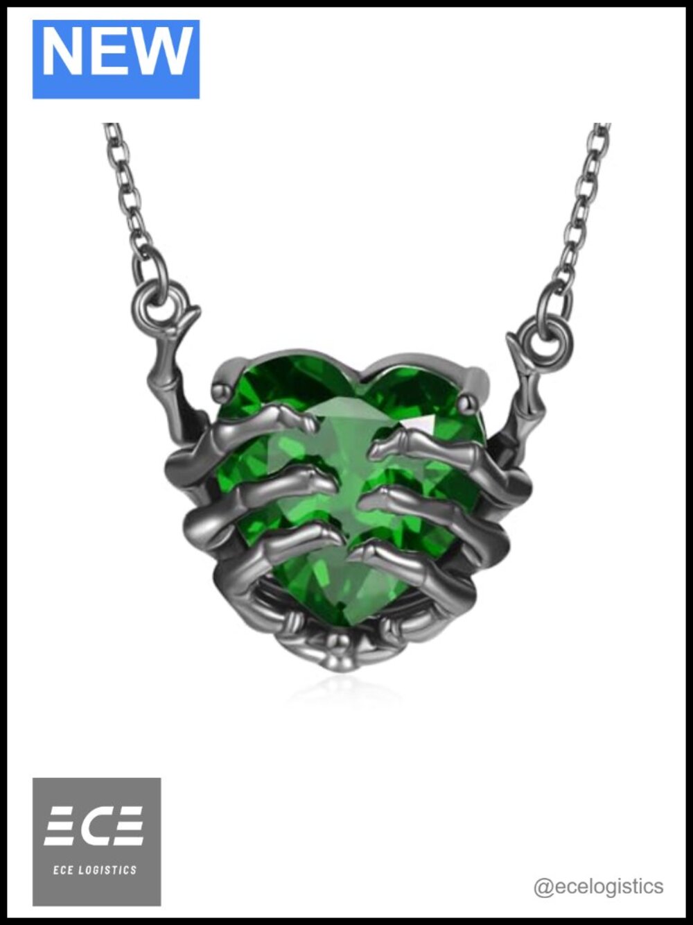 Gothic Skull Hand Pendant Necklace Metal Cubic Zirconia 18+2 Inch